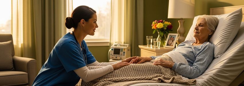 Hospice care nurse providing compassionate end-of-life care to elderly patient