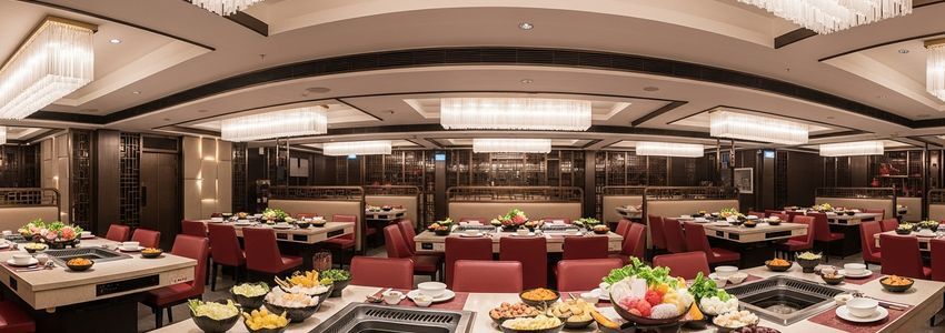 Hot pot restaurant dining room with induction burner tables and fresh ingredients