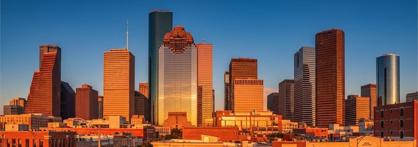 Houston Texas skyline at golden hour representing small business lending market