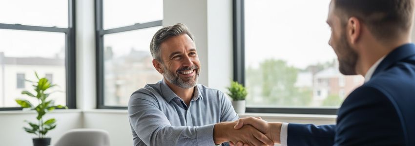 Business owner shaking hands with lender after loan approval