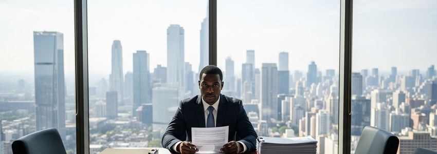Business professional reviewing $1 million business loan documents in a high-rise office