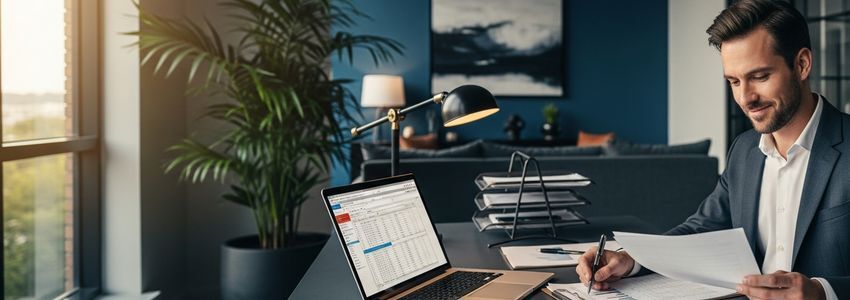 Business owner reviewing credit documents and financial reports at professional desk