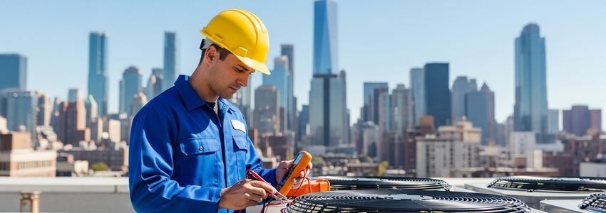 HVAC technician performing maintenance on commercial air conditioning unit on a rooftop