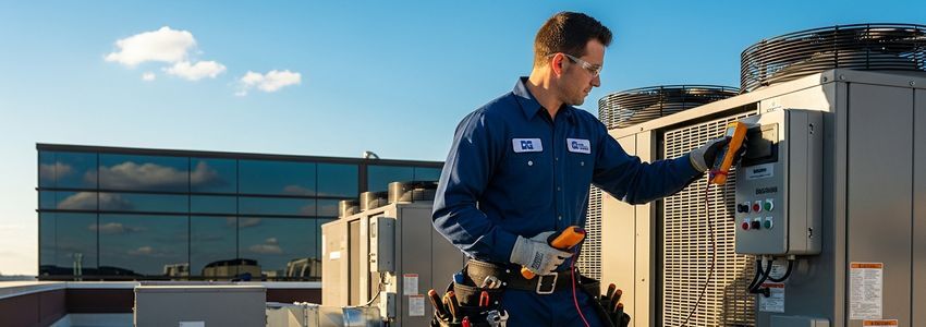 HVAC contractor inspecting commercial rooftop HVAC equipment