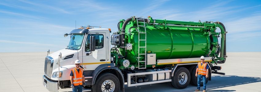 Hydrovac truck at a construction job site with workers in safety vests
