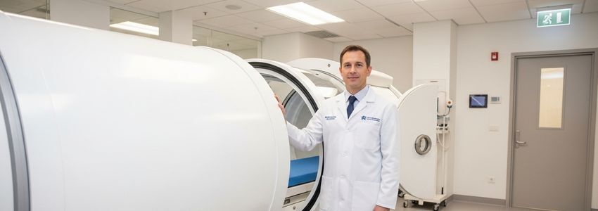 Business owner standing next to a hyperbaric oxygen therapy chamber in a modern wellness center