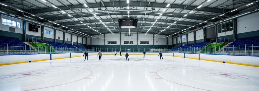 Indoor ice skating rink with gleaming white ice surface and colorful dasherboards
