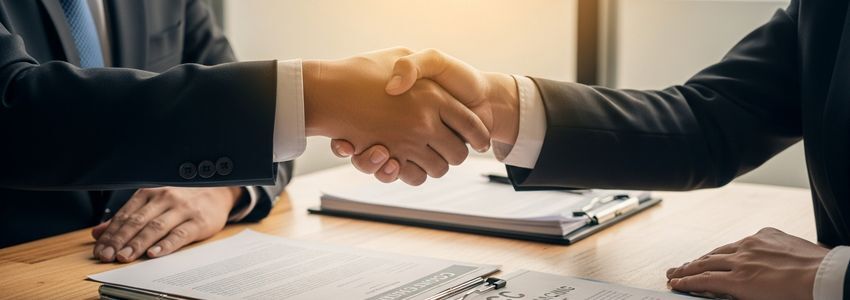 Business professionals reviewing UCC financing agreement documents