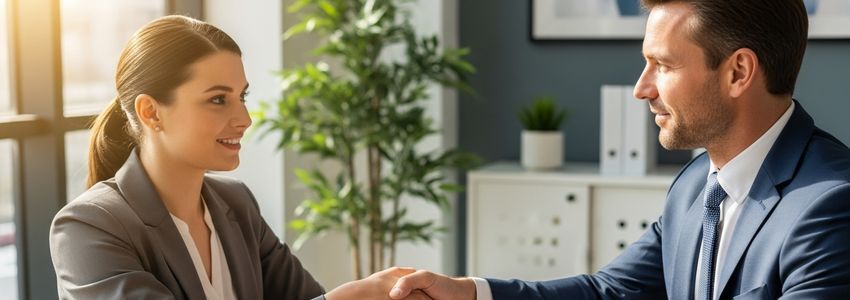 Small business owner shaking hands with banker over loan documents