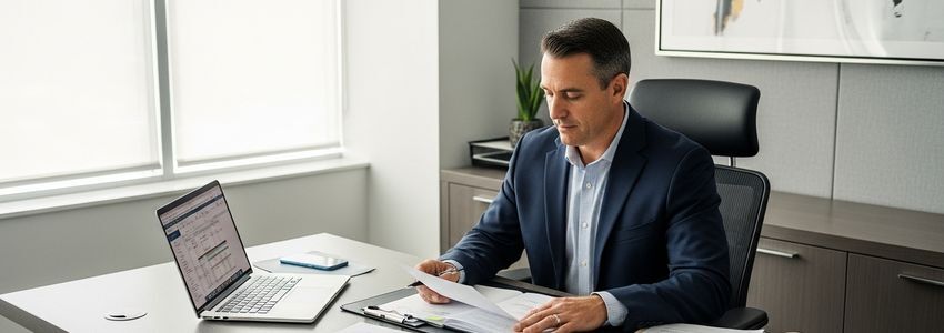 Air duct cleaning business owner reviewing loan financing documents at office desk