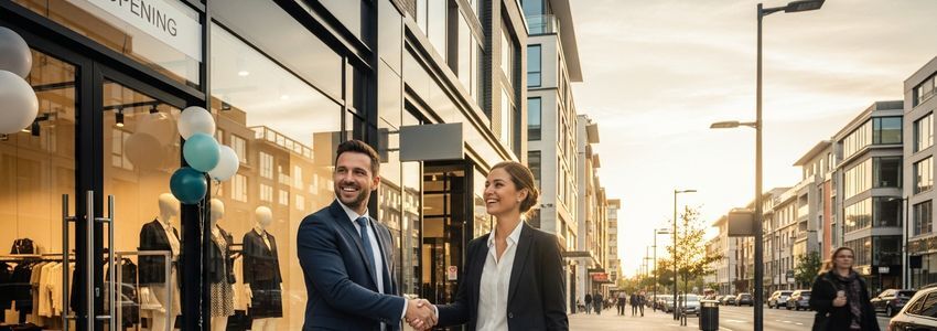Two business professionals celebrating a successful multi-location business expansion in front of a new storefront