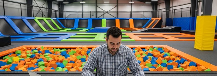 Indoor trampoline park owner reviewing business loan documents with trampoline courts in background