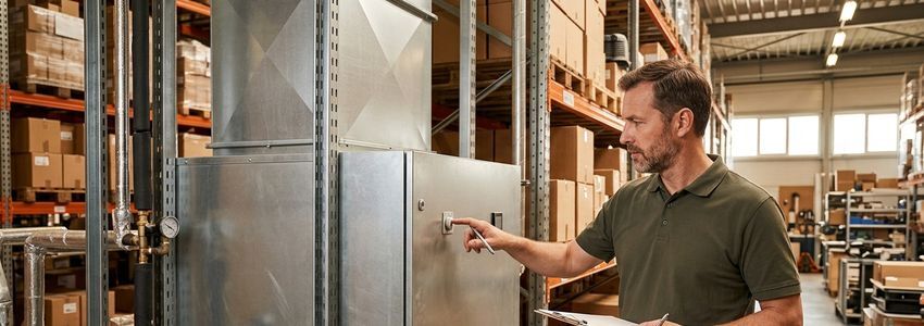 Facility manager inspecting large industrial dehumidification equipment in a commercial warehouse