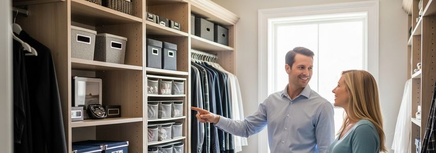 Home organization consultant discussing custom closet financing options with a homeowner