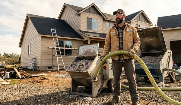 Insulation contractor holding a blower hose beside an industrial insulation blowing machine at a residential construction site