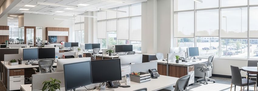 Modern professional insurance agency office with workstations and natural lighting