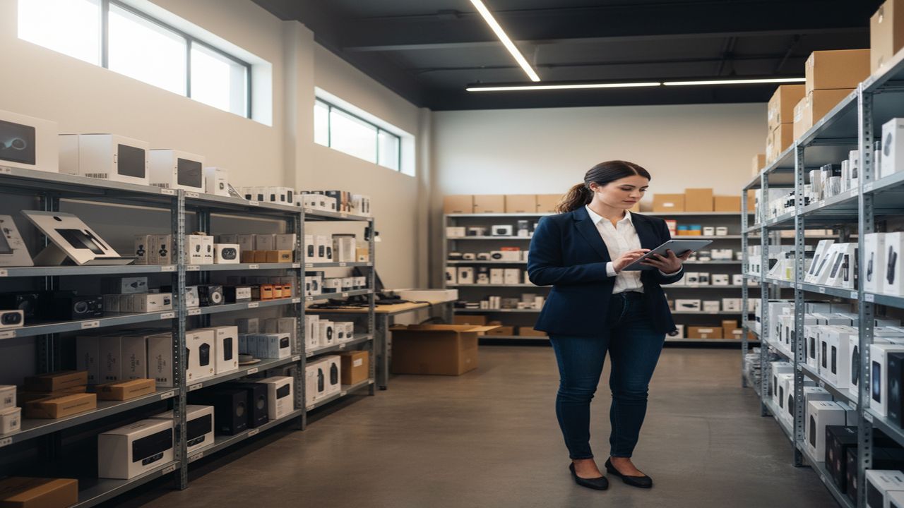 Small business owner reviewing inventory in a warehouse with a laptop