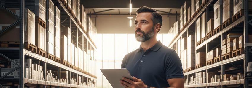 Warehouse manager reviewing inventory tracking software on tablet