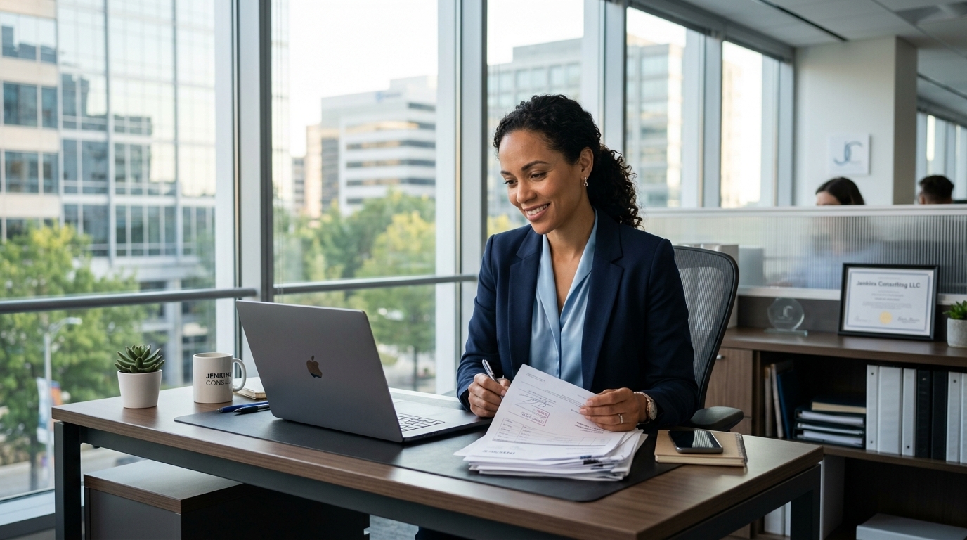 Small business owner reviewing invoices at a modern office desk for invoice factoring