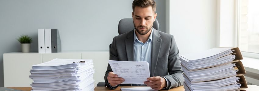 Business owner reviewing invoice factoring and financing documents at a desk