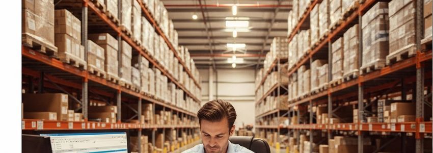 Wholesale distribution warehouse manager reviewing invoices in a modern distribution center