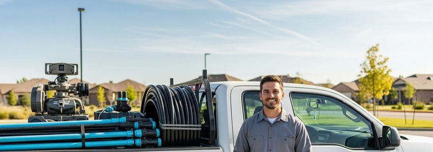 Irrigation business owner standing next to work truck loaded with irrigation equipment