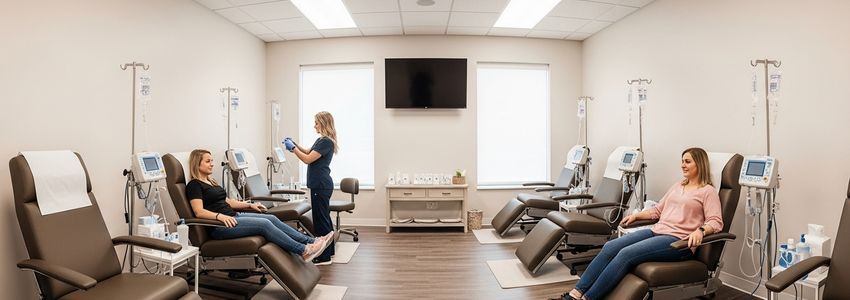 IV hydration therapy clinic with treatment chairs and IV drip stands