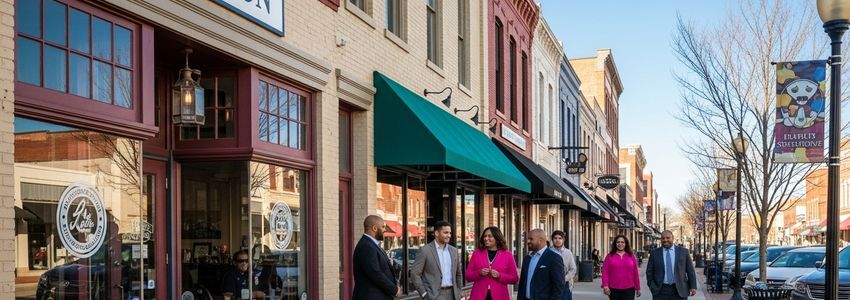 Small business district in Jackson Mississippi with entrepreneurs and storefronts representing local small business financing