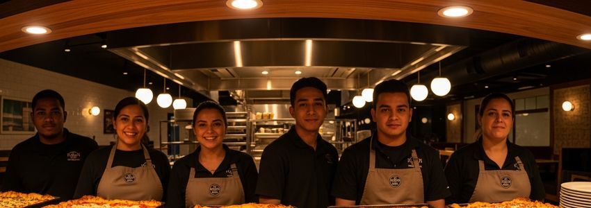 Jet's Pizza restaurant team standing behind counter with Detroit-style pizzas in a commercial kitchen