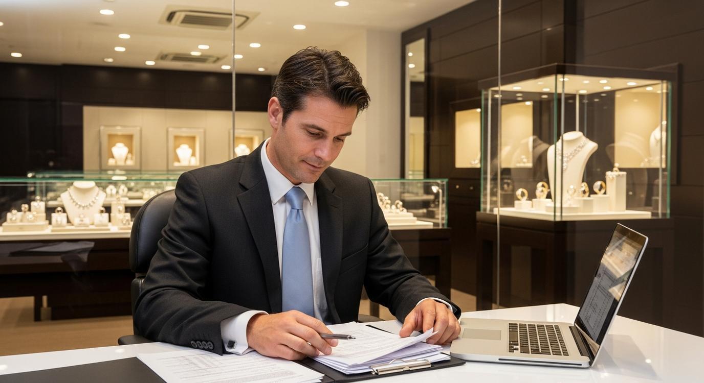 Jewelry store owner reviewing business loan documents at desk with jewelry display cases in background