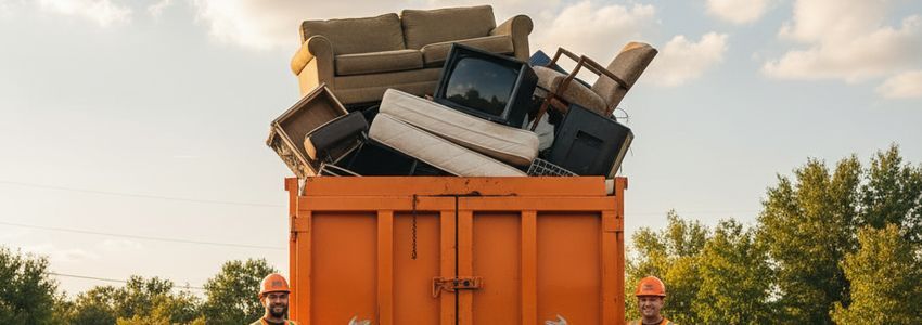 Junk removal truck loaded with furniture and household debris
