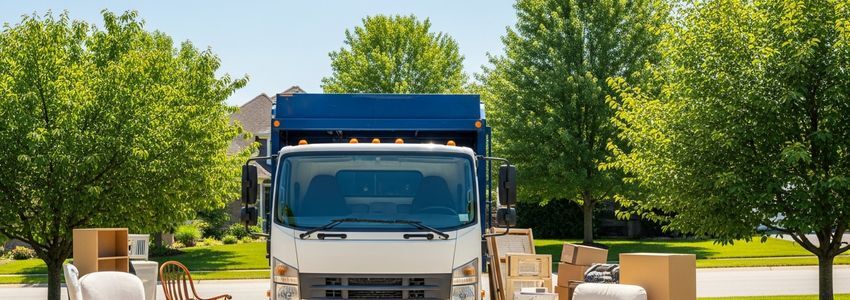 Junk removal franchise truck with household items ready for pickup at a residential property