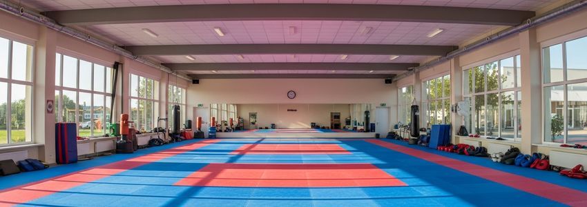 A professional karate dojo interior with training mats and equipment