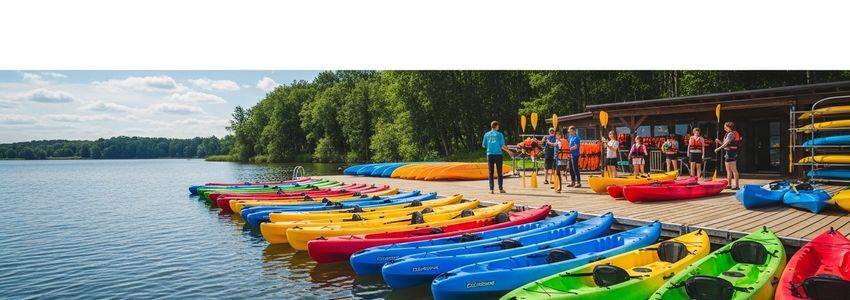 Kayak rental business owner reviewing financing documents near a dock with colorful kayaks