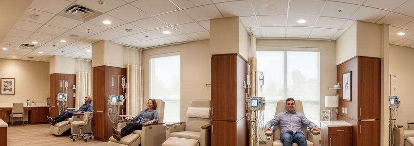 Modern ketamine infusion clinic with comfortable patient chairs and professional medical equipment