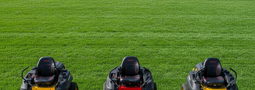 Commercial landscaping mowers lined up on vibrant green grass representing landscaping business equipment financing