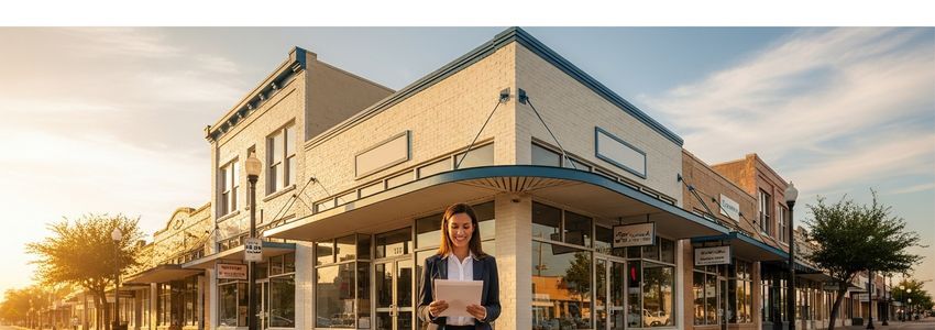 Small business owner in Laredo, Texas reviewing business loan options outside her storefront