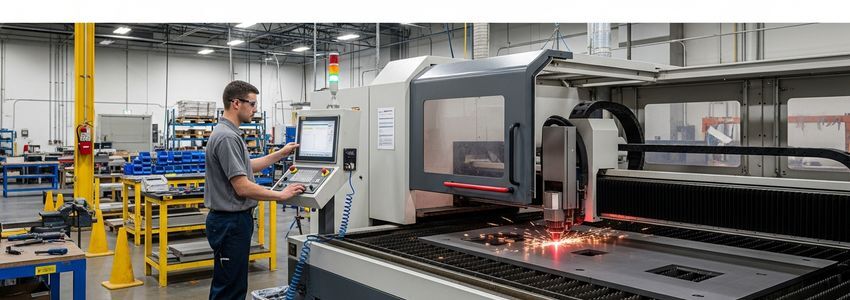 Industrial laser cutter machine in operation at a modern manufacturing facility