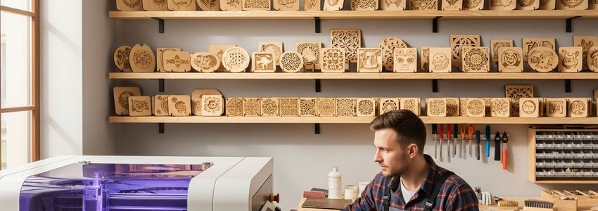 Laser engraving business owner working at laser engraver machine in professional workshop