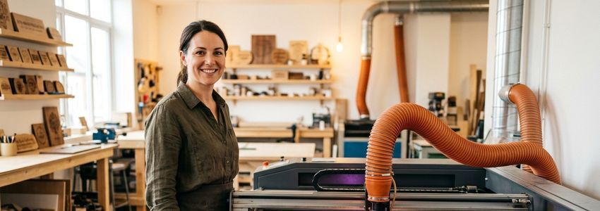 Business owner using a commercial laser engraving machine in a workshop