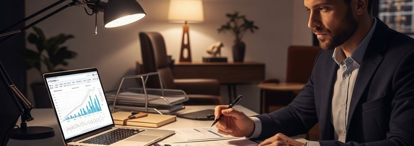 Business owner reviewing late payment invoices and financing options at desk
