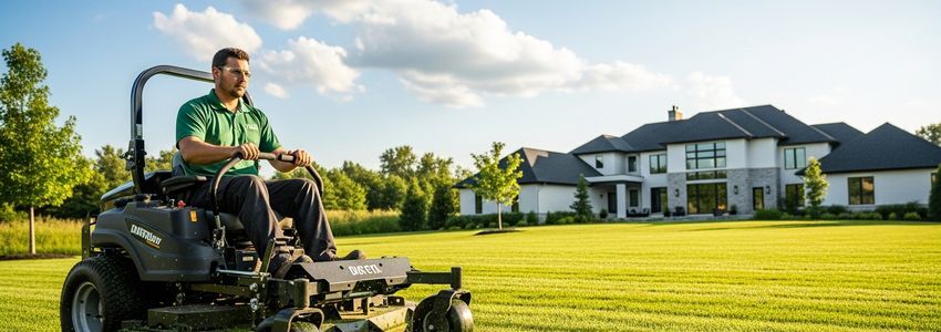 Lawn care franchise professional operating commercial mowing equipment on a residential lawn