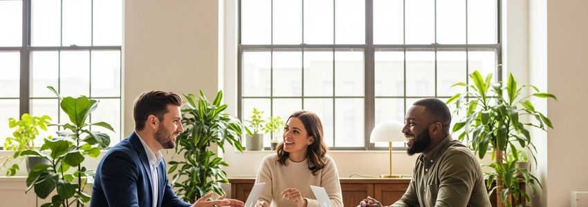 Business team discussing lead generation strategy in a modern office environment