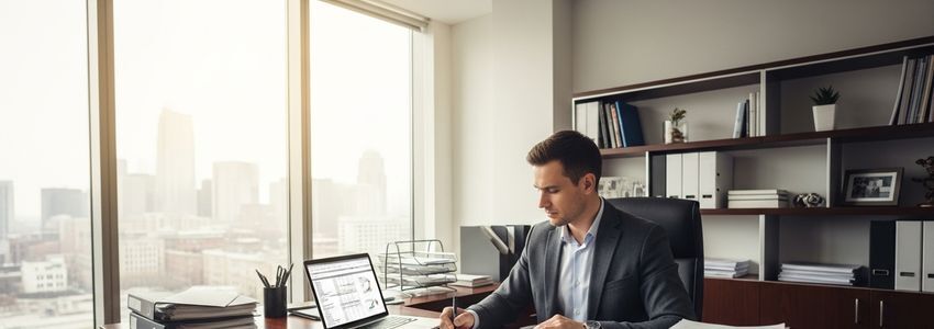 Business professional reviewing equipment lease buyout agreement documents at a modern office desk