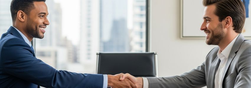 Business owner and lender shaking hands after securing a small business loan in Lewisville, Texas