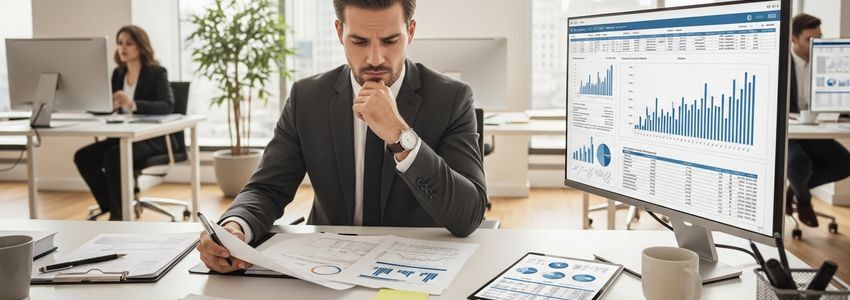 Business professional reviewing loan documents with concern in a modern office setting