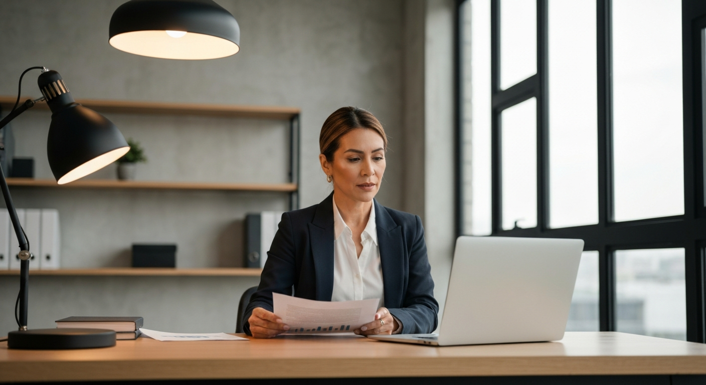 Confident woman entrepreneur reviewing business loan options at her desk in a modern office