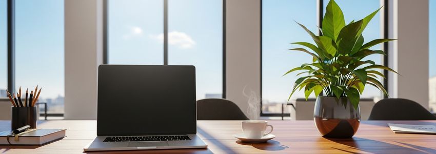 Modern professional office workspace with laptop and coffee representing business payroll management and financing