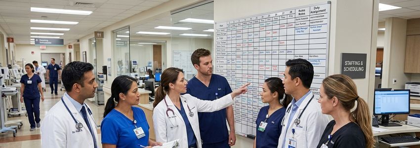 Healthcare professionals reviewing staffing assignments at a hospital facility