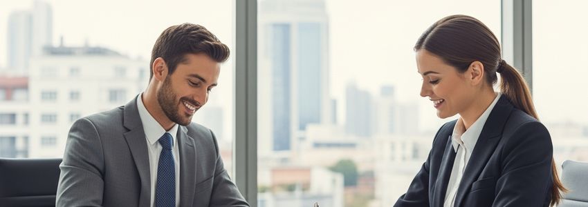 Business owner signing a long-term loan agreement with a banker in a modern office setting
